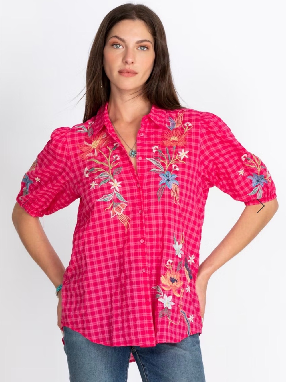 Johnny Was Jordan Lisbon Shirt Pink Plaid Hummingbird Size S